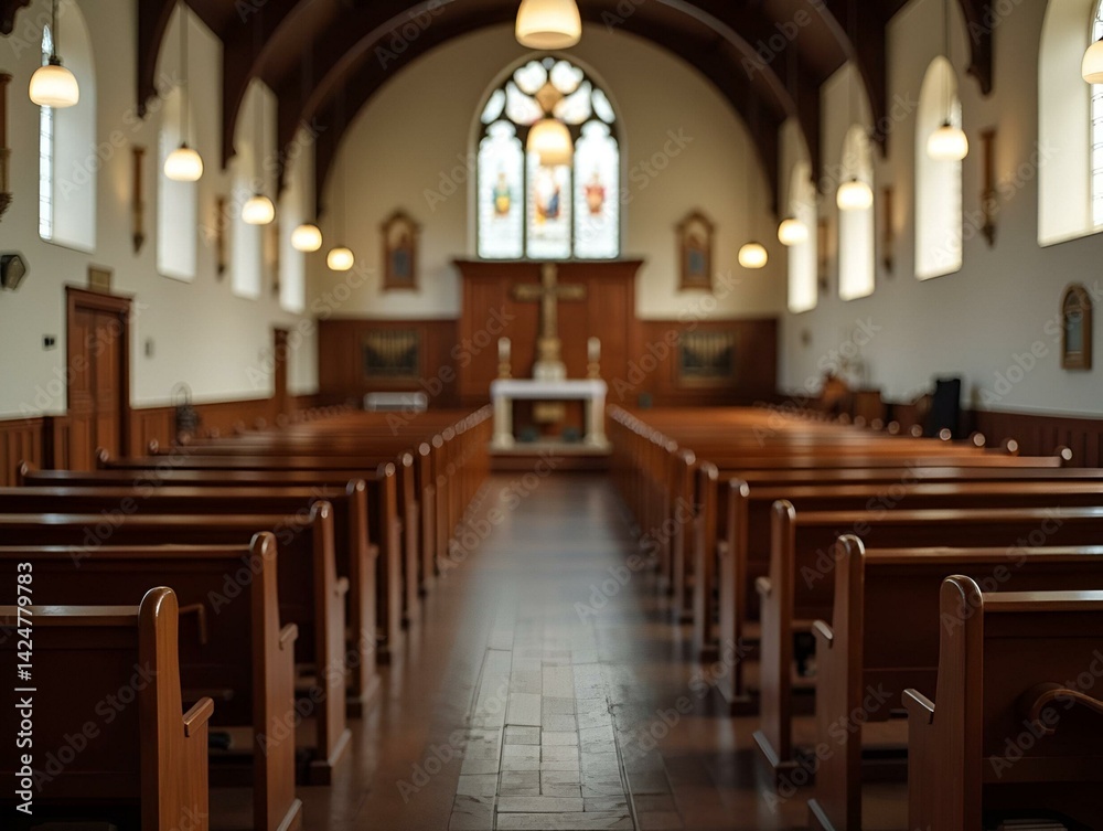 Empty wooden pews in a peaceful church interior setting