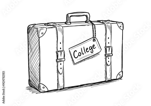 Student suitcase with tied label College, Sketch style, Education, Student life, For educational content, Design projects