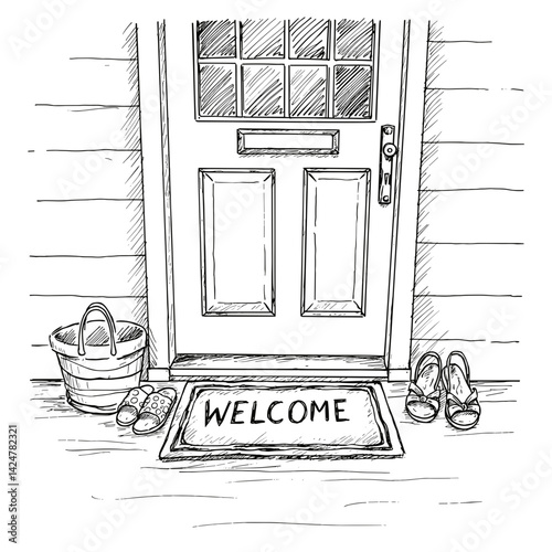 Door with Welcome mat and summer shoes nearby, Sketch style, Concept of Summer Welcome, For Home decor, Blogs, Design