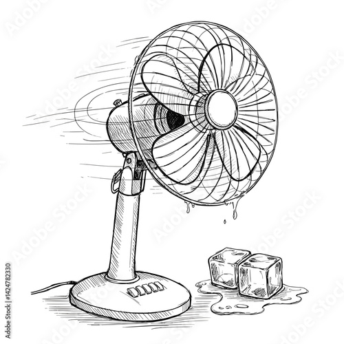 Fan spinning with ice cubes melting nearby, Sketched style, Concept of Cooling, Summer Heat Relief, For design projects, summer blogs, weather content