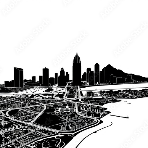 Cityscape silhouette with waterfront create with generative ai