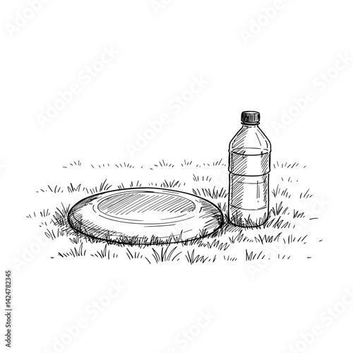 Frisbee and Water Bottle Resting on Field, Illustration, Colorful, Outdoor Activity, For Design, Sports Content, Blogs