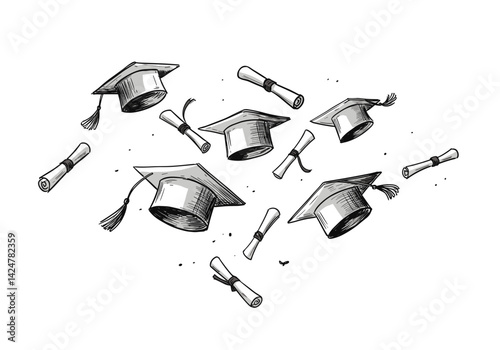 Graduation hats tossed in the air with diplomas, Illustration, Colorful, Graduation, Celebration, For education or design projects
