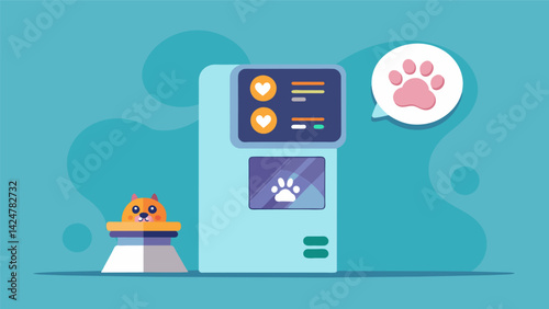 A modern dispenser with a touch screen interface giving owners full control over the timing and amount of treats their pets receive.. Vector illustration