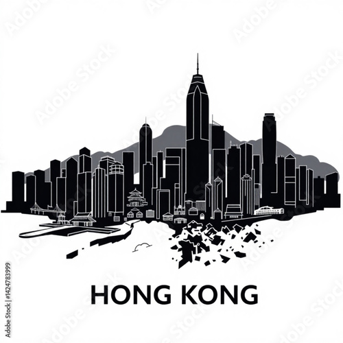 Monochrome hong kong city skyline art create with generative ai