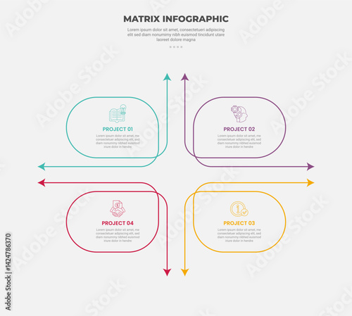 matrix grid structure infographic outline style with 4 point template with big outline round container with arrow line as axis for slide presentation