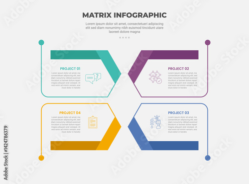 matrix grid structure infographic outline style with 4 point template with big ribbon flip on top and bottom for slide presentation