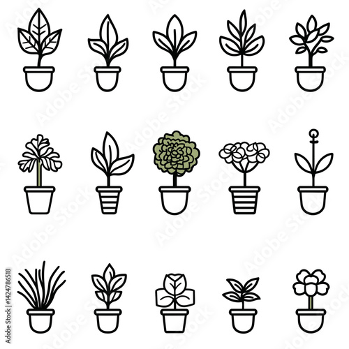 Collection of minimalist plant icons showcasing various potted plants for design projects and nature themes