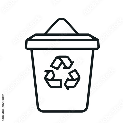 Minimalist line illustration of a recycle bin with a recycling symbol displayed clearly on its front