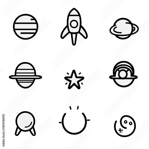 Space exploration icon collection showcasing various celestial elements and a rocket to inspire curiosity and interest in the universe