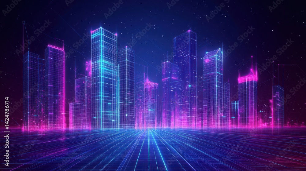 Neon Cityscape with Glowing Lines and Stars
