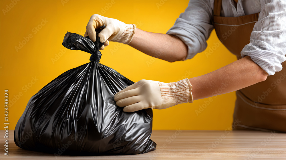 Sustainable waste disposal and packaging management concept with person tying black garbage bag in bright setting for awareness design