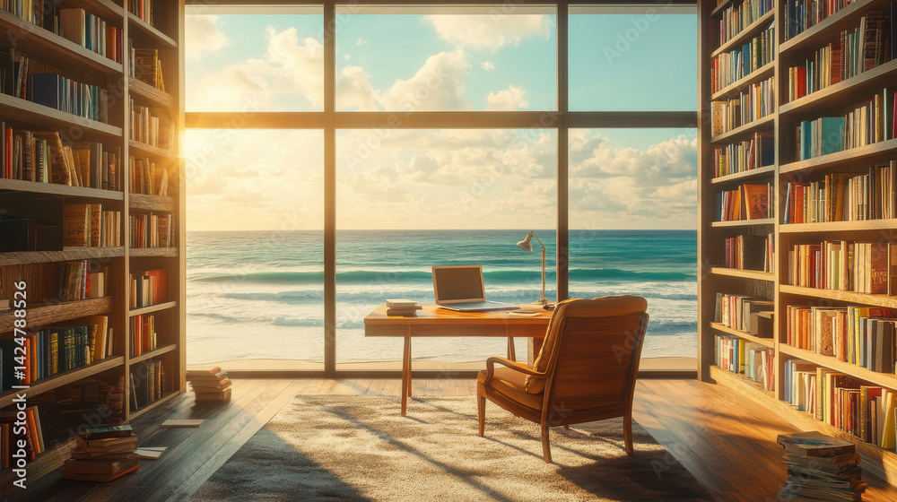 Cozy seaside library with sunlit ocean view featuring wooden bookshelves, comfortable armchair, and vintage desk at sunset