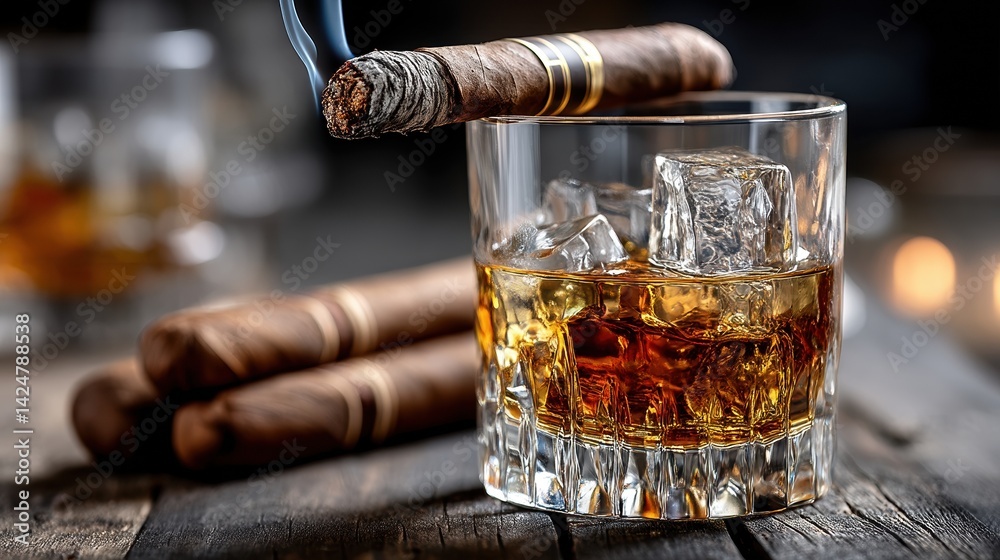 Elegant whiskey glass with ice and lit cigar on rustic wooden table in warm lighting