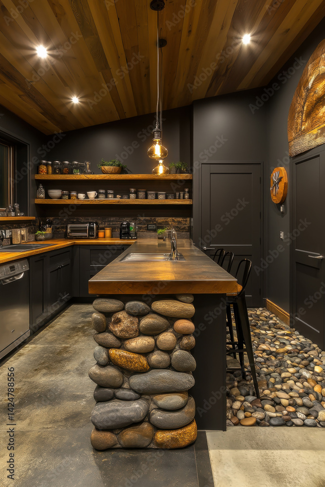 Modern rustic kitchen with stone island and wood ceiling accents in warm lighting ambiance