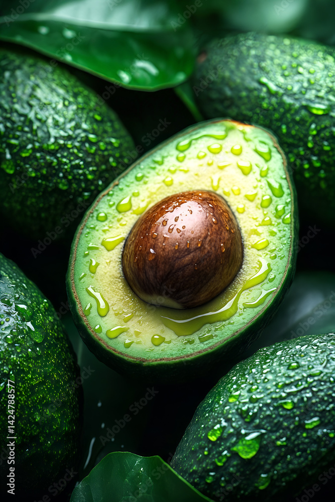 Fresh cut avocado with water droplets surrounded by whole avocados and green leaves in natural setting