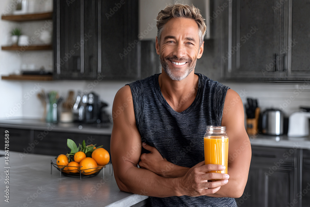 Happy man holding glass of fresh orange juice in modern kitchen with bowl of oranges in background