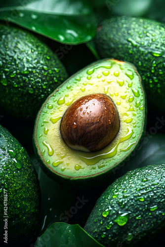 Obraz na płótnie Fresh cut avocado with water droplets surrounded by whole avocados and green leaves in natural setting w salonie