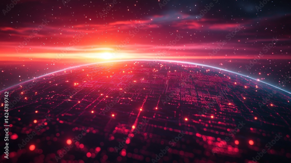 Obraz premium Sunrise over a futuristic, digital city on Earth