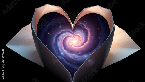 Intricate Origami Heart Encasing a Cosmic Galaxy
