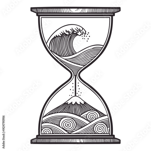 Hourglass with Ocean Waves and Mountain Illustration