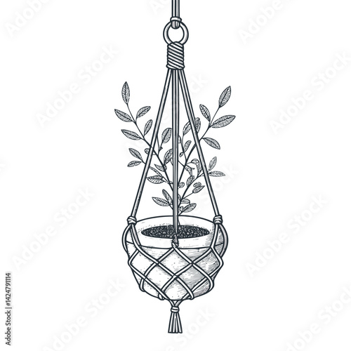 Hand-Drawn Macrame Plant Hanger with Greenery