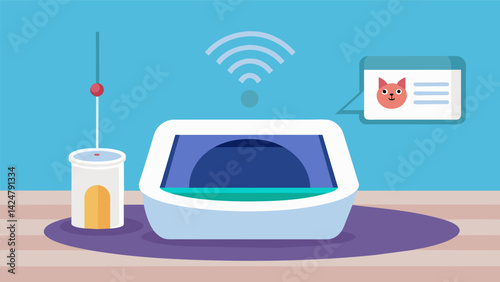 A selfcleaning litter box that uses infrared sensors to detect when your pet is finished minimizing odor and mess.. Vector illustration