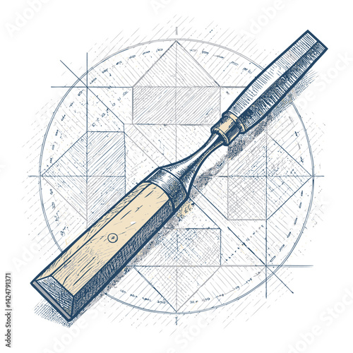 Vintage Woodworking Chisel in Technical Sketch Style