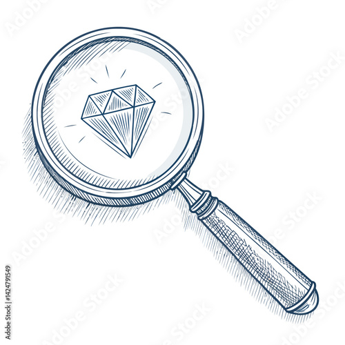 Magnifying Glass with Diamond in Vintage Sketch Style