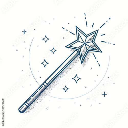 Magical Wand with Sparkling Star in Hand-Drawn Style