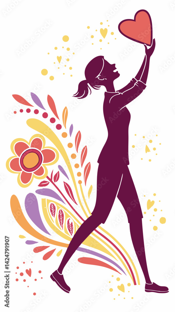 Woman silhouette holding heart, floral design, purple tones Woman silhouette holding heart, floral design, purple tones