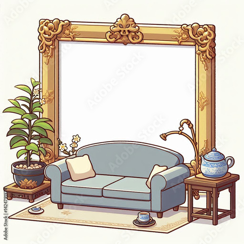 modern living room with sofa empty photo frame