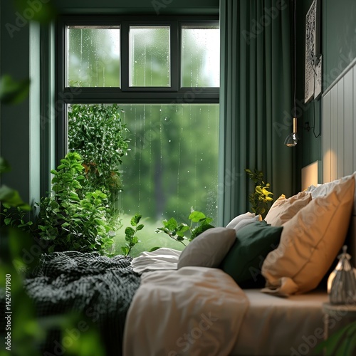 tranquil modern bedroom, large window, rainy spring or summer day view, green indoor plants, soft pillows and cozy blankets on bed, inviting calming atmosphere, bedroom interior, rainy day ambiance.