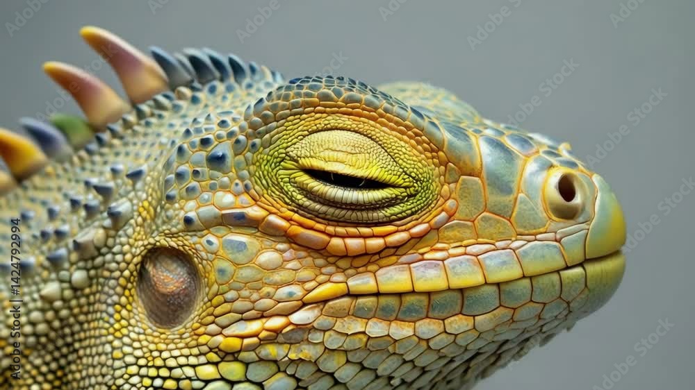 Vibrant iguana eye blink progression captured in closeup detail