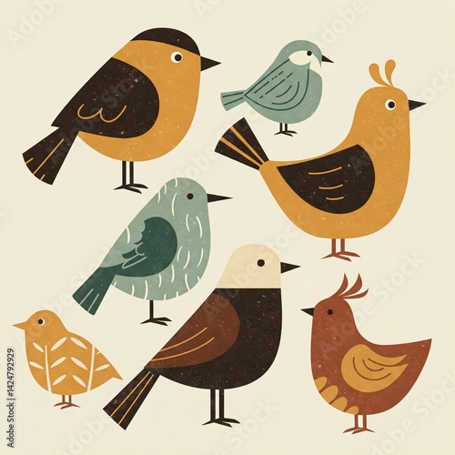 Illustration of stylized birds. Various colors and designs, simple shapes, and textured appearance give a retro or vintage vibe.