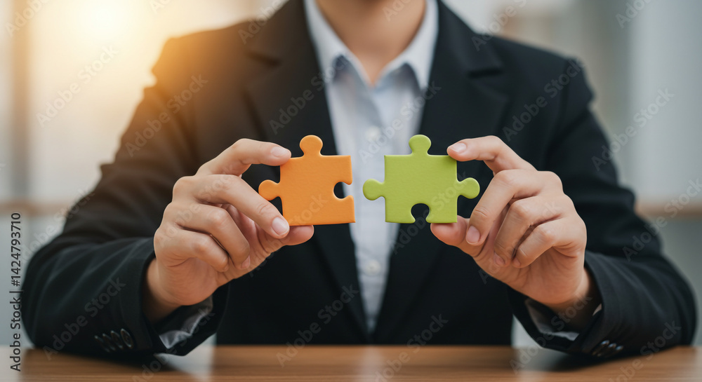 Businessperson connecting two puzzle pieces symbolizing teamwork collaboration and solutions with Businessperson connecting two puzzle pieces symbolizing teamwork collaboration and solutions with