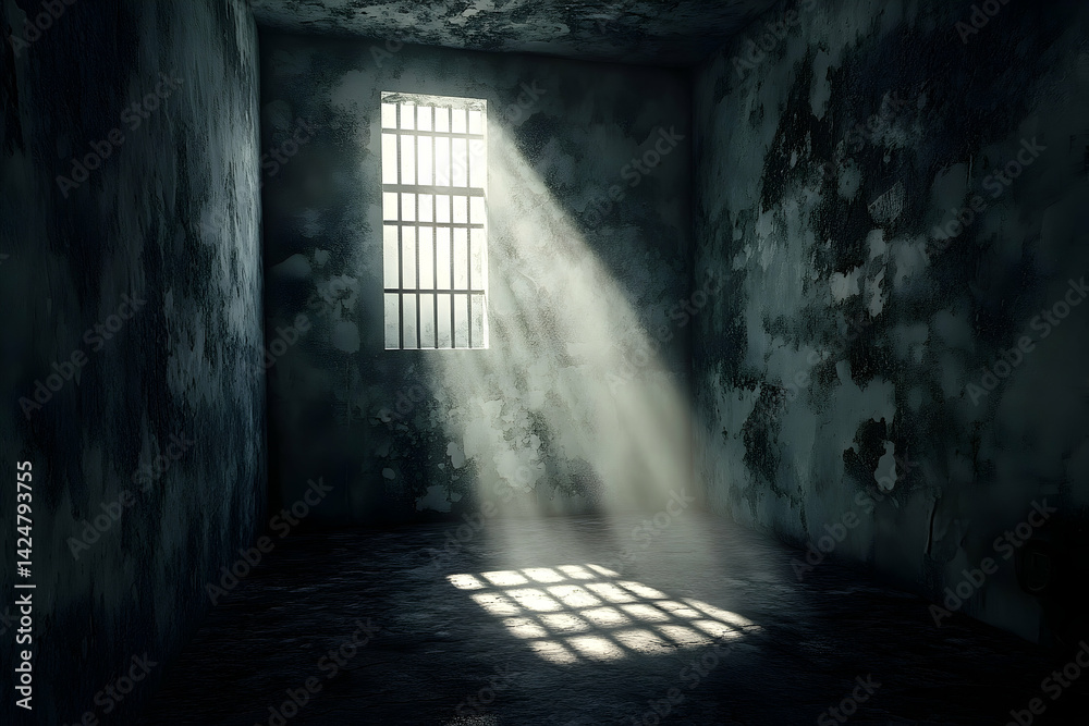 Obraz premium Depiction of a dimly lit, confined prison cell.