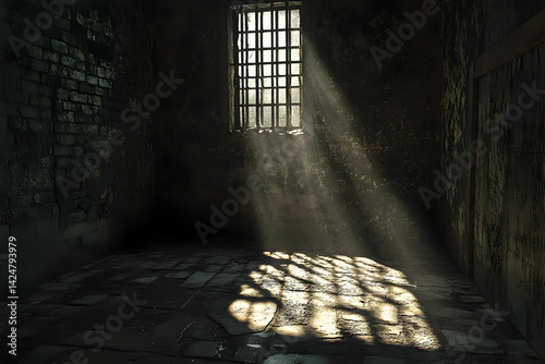 A dimly lit prison cell, bathed in the harsh light of a barred window. photo