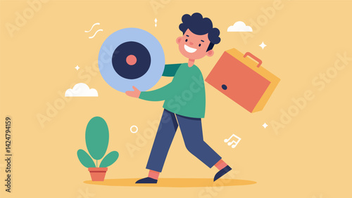 A customer excitedly taking their newly cleaned record home to add to their collection. Vector illustration