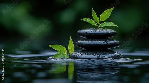 Tranquil zen stones with fresh leaves
