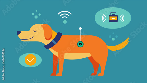 A lightweight sensor that attaches to your dogs collar and records their sleep data including tossing and turning and suggests ways to improve it.. Vector illustration