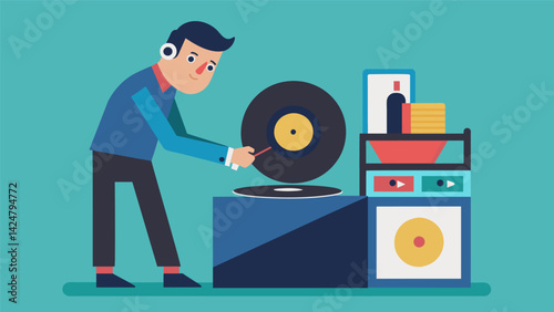 A proud vinyl enthusiast delicately inserts a record into their record cleaning machine eagerly awaiting the satisfying sound of a clean record. Vector illustration