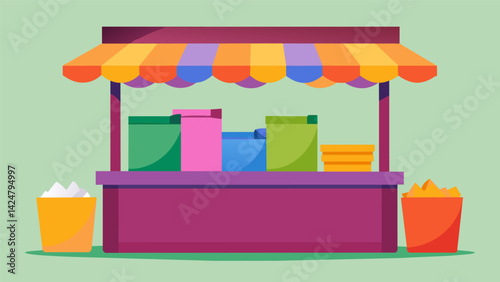 A booth featuring handcrafted paper and recycled tissue paper in a rainbow of colors perfect for creating ecofriendly and eyecatching gift wraps.. Vector illustration
