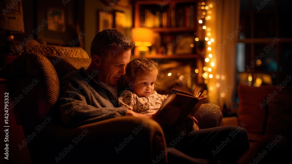 Father and daughter reading book at night Father and daughter reading book at night