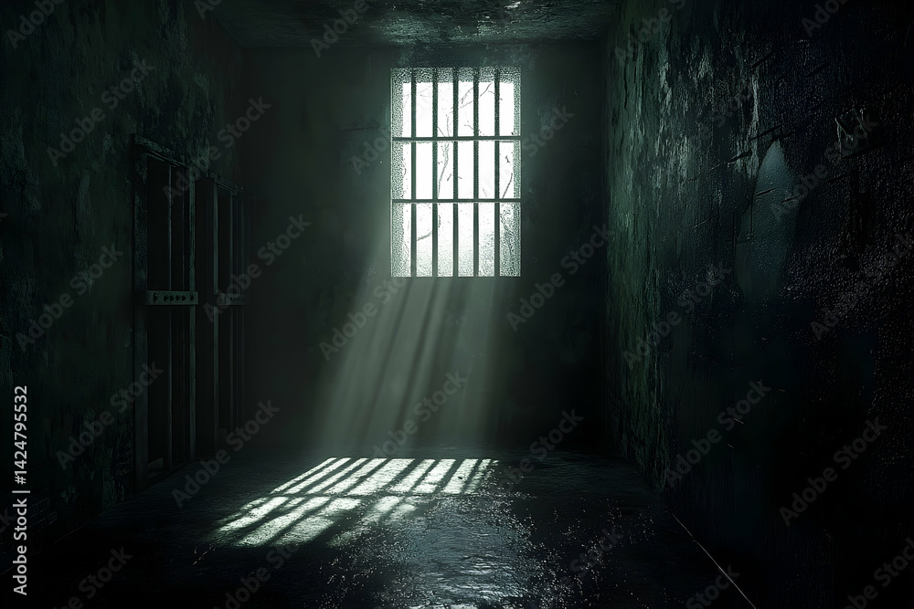 Fototapeta premium Depressed, dimly lit prison cell, illuminated by a barred window.