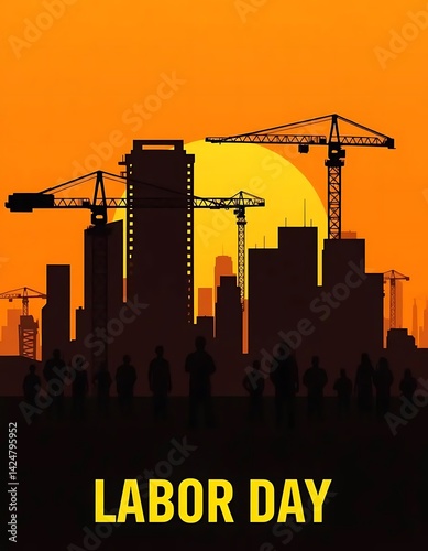 Labor Day Unity: City Skyline with Workers & Cranes Silhouettes on Warm Orange-Yellow Gradient – Minimalist Urban Industrial Graphic in Square Format with Bold Holiday Typography