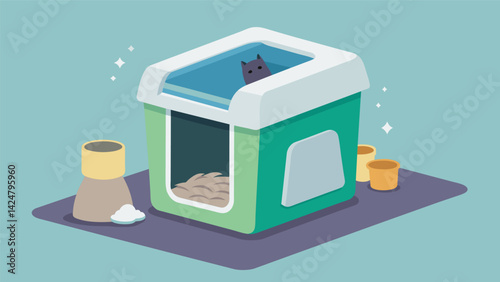 A selfcleaning litter box with a builtin waste disposal system that eliminates the need for plastic bags.. Vector illustration