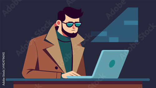 A man in sunglasses and a trench coat typing away on his laptop at the bar. Hes a music blogger and often interviews bands and artists who perform at Vector illustration