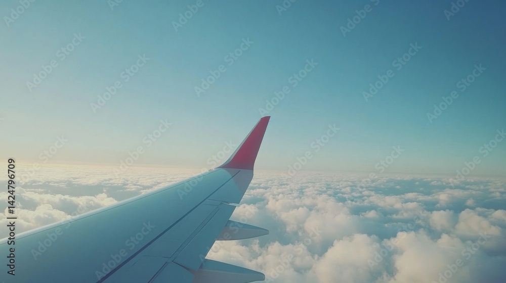 Obraz premium Stunning view of airplane wing flying above the clouds — perfect for travel blogs, airline promotions, wanderlust-themed content, and vacation or adventure marketing projects