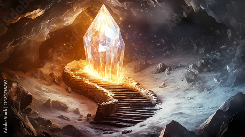 Spiral stone staircase winding around a massive glowing crystal. Crystal Dome. Illustration